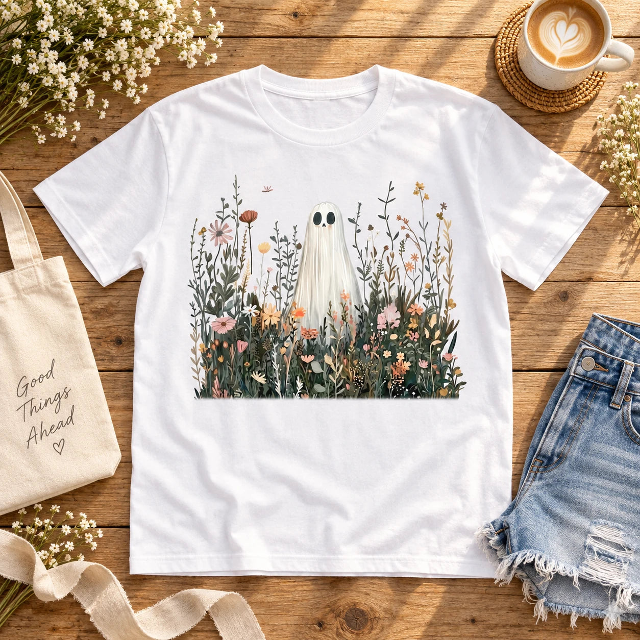Floral Wildflower Ghost Sweatshirt & T-Shirt, Cute Botanical Autumn Graphic Apparel, Spooky Cottagecore Fall Top for Women