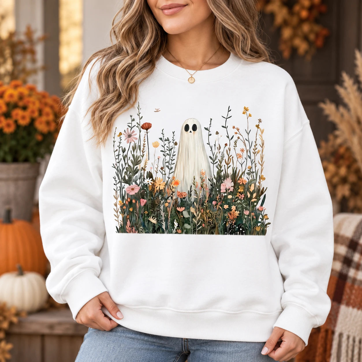 Floral Wildflower Ghost Sweatshirt & T-Shirt, Cute Botanical Autumn Graphic Apparel, Spooky Cottagecore Fall Top for Women