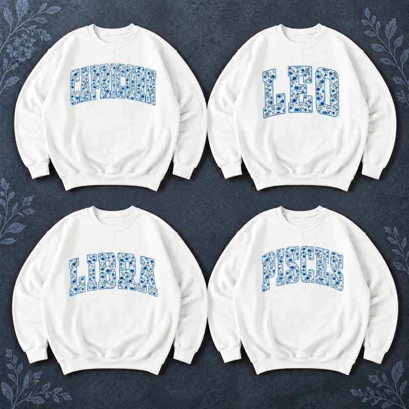 Floral Zodiac Sweatshirt Custom Astrology Sign Crewneck Vintage Celestial Horoscope Graphic Pullover