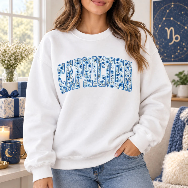 Floral Zodiac Sweatshirt Custom Astrology Sign Crewneck Vintage Celestial Horoscope Graphic Pullover