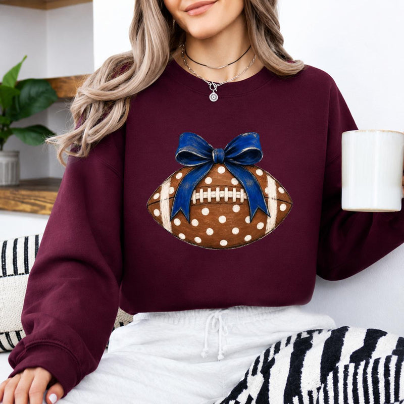 Football Bow Sweatshirt Blue Bow Polka Dot Football Game Day Women Coquette Cute Design