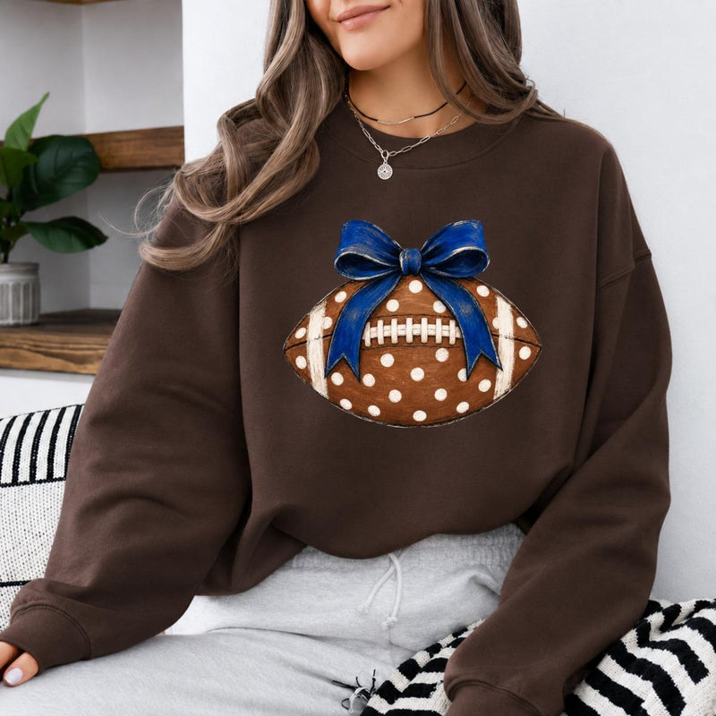 Football Bow Sweatshirt Blue Bow Polka Dot Football Game Day Women Coquette Cute Design