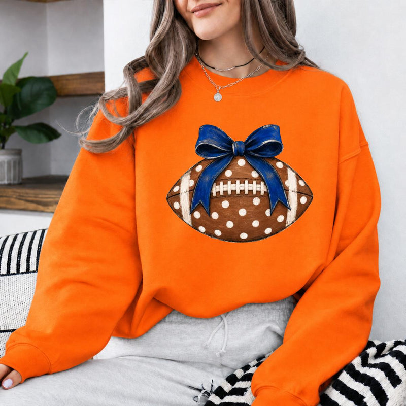 Football Bow Sweatshirt Blue Bow Polka Dot Football Game Day Women Coquette Cute Design