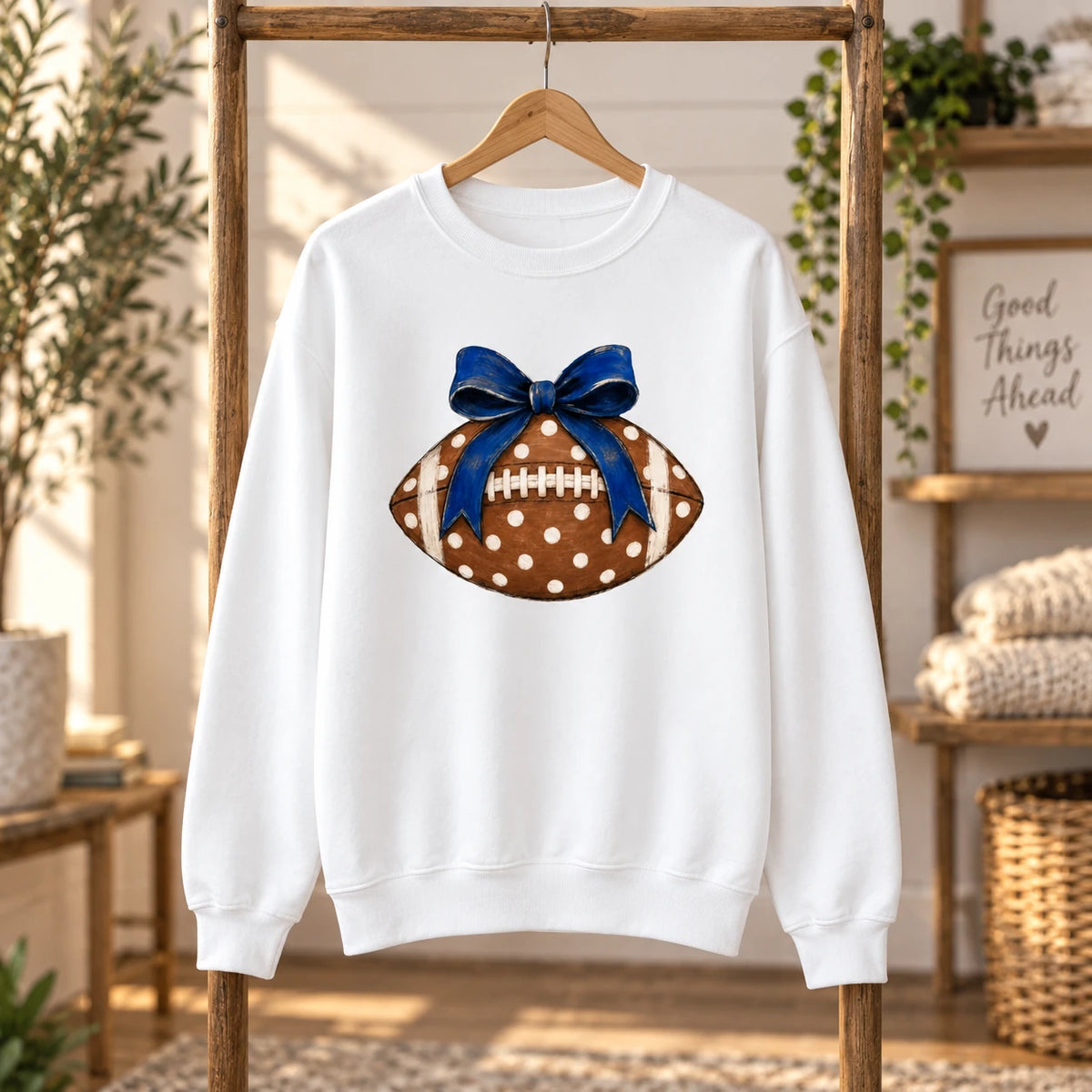 Football Bow Sweatshirt for Women Blue Polka Dot Game Day Coquette Crewneck