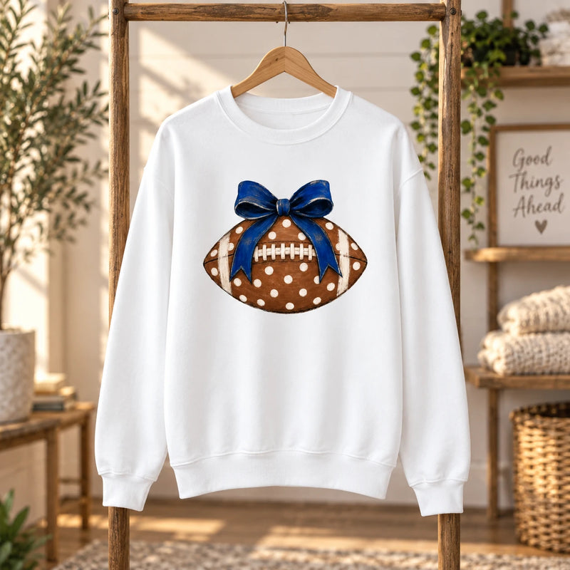 Football Bow Sweatshirt for Women Blue Polka Dot Game Day Coquette Crewneck