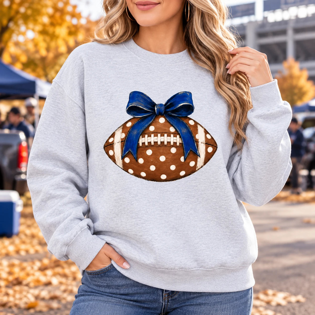 Football Bow Sweatshirt for Women Blue Polka Dot Game Day Coquette Crewneck