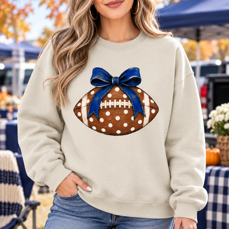 Football Bow Sweatshirt for Women Blue Polka Dot Game Day Coquette Crewneck