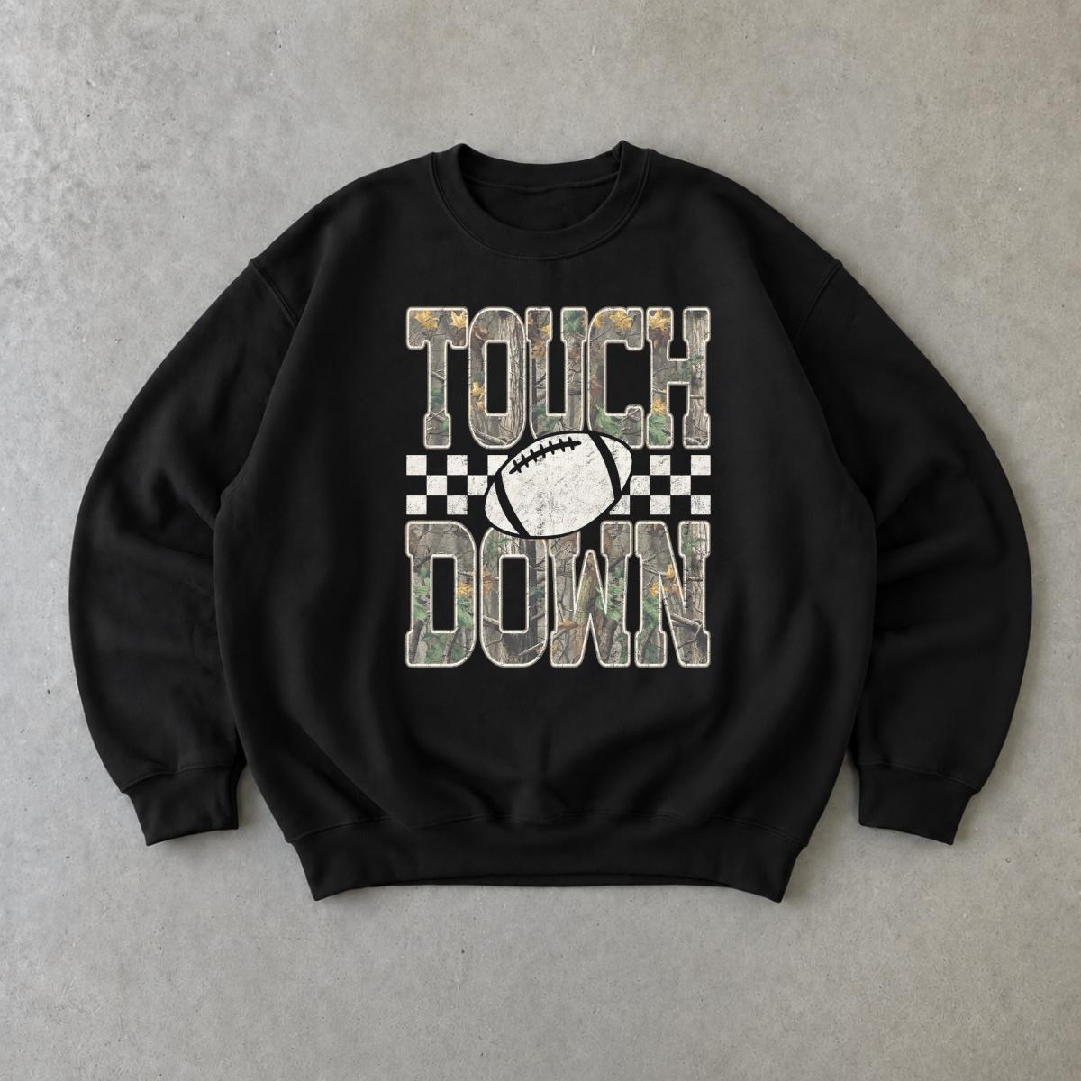 Football Game Day Graphic Touch Down Sweatshirt Football Season Unisex Vintage Camo Checkered Design