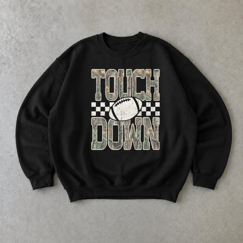 Football Game Day Graphic Touch Down Sweatshirt Football Season Unisex Vintage Camo Checkered Design
