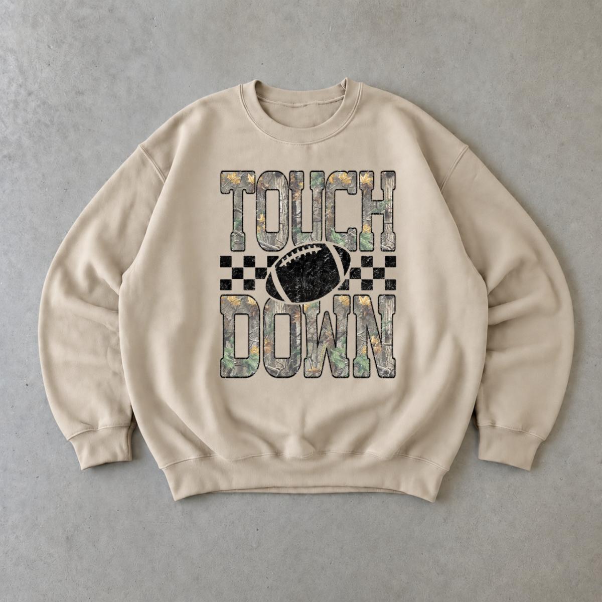 Football Game Day Graphic Touch Down Sweatshirt Football Season Unisex Vintage Camo Checkered Design