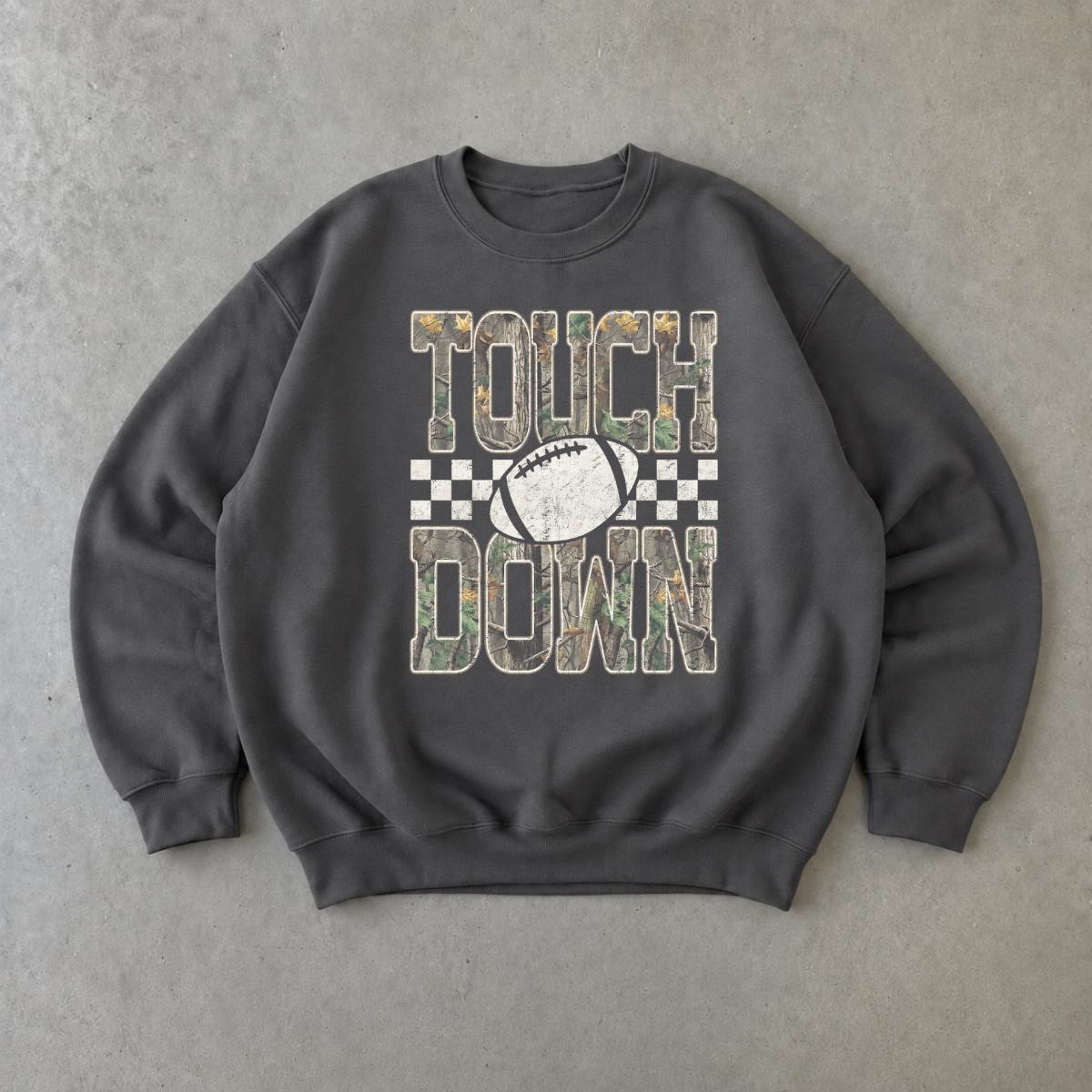Football Game Day Graphic Touch Down Sweatshirt Football Season Unisex Vintage Camo Checkered Design