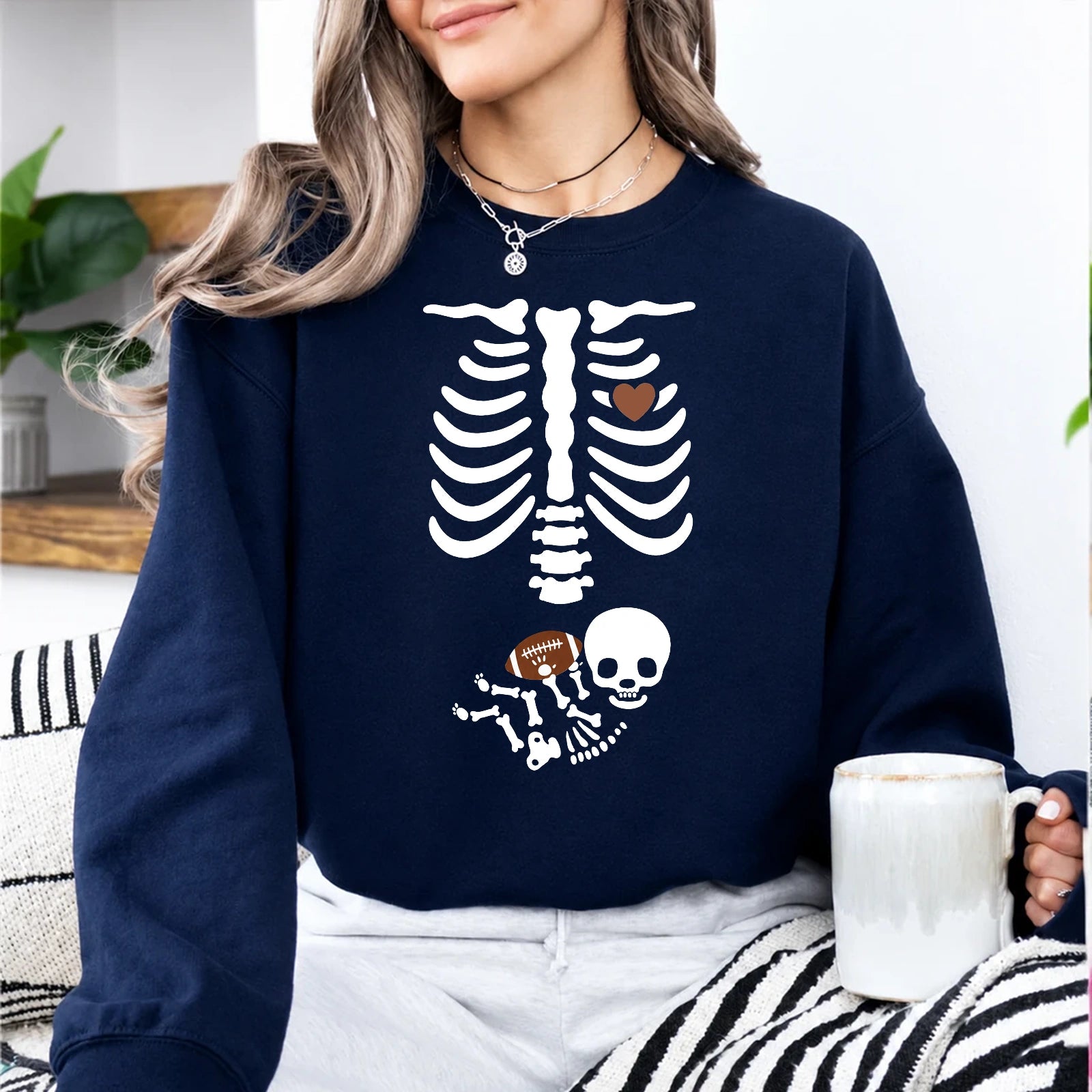 Football Pregnancy Announcement Sweatshirt Skeleton Football Baby Design Football Season Women Cute Spooky
