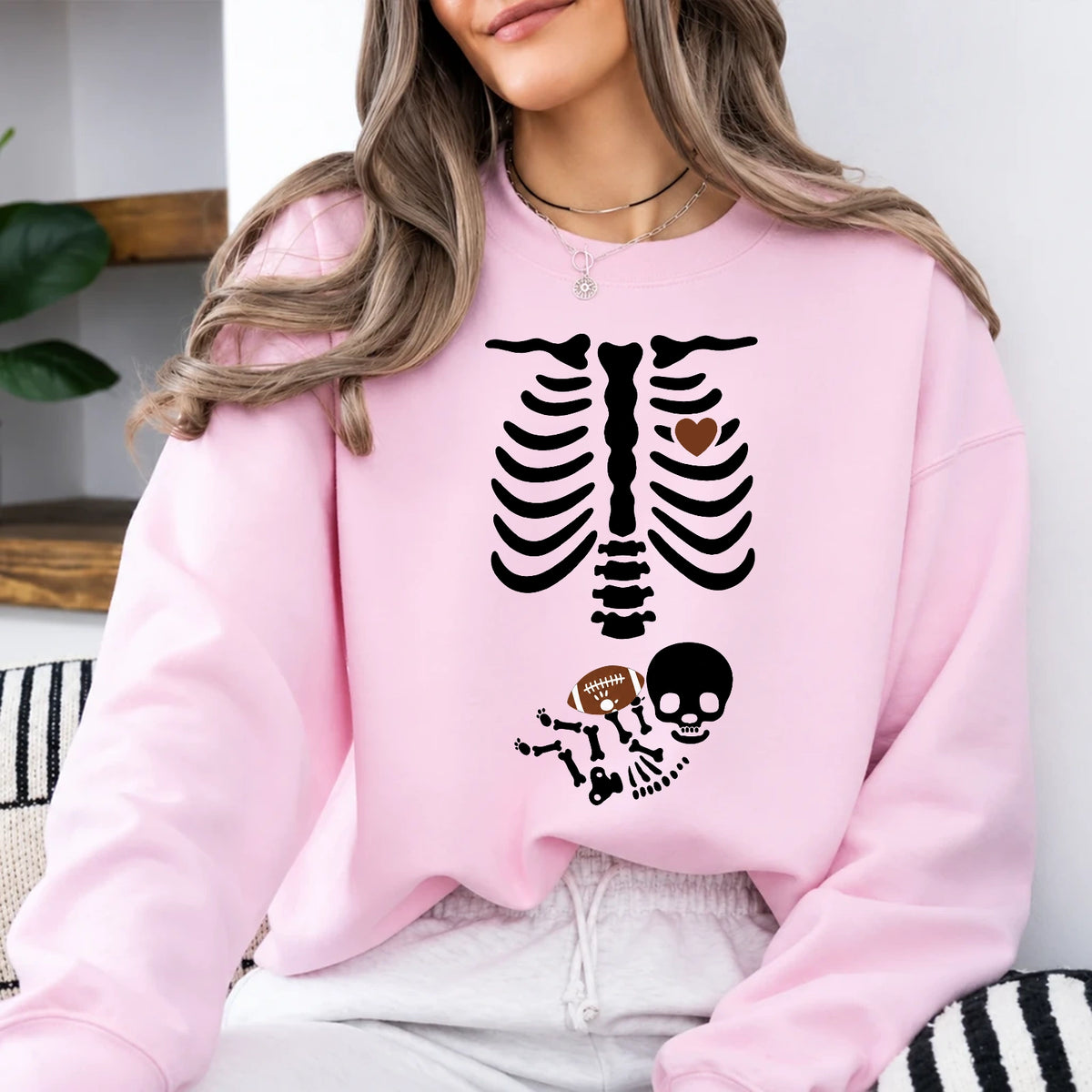 Football Pregnancy Announcement Sweatshirt Skeleton Football Baby Design Football Season Women Cute Spooky