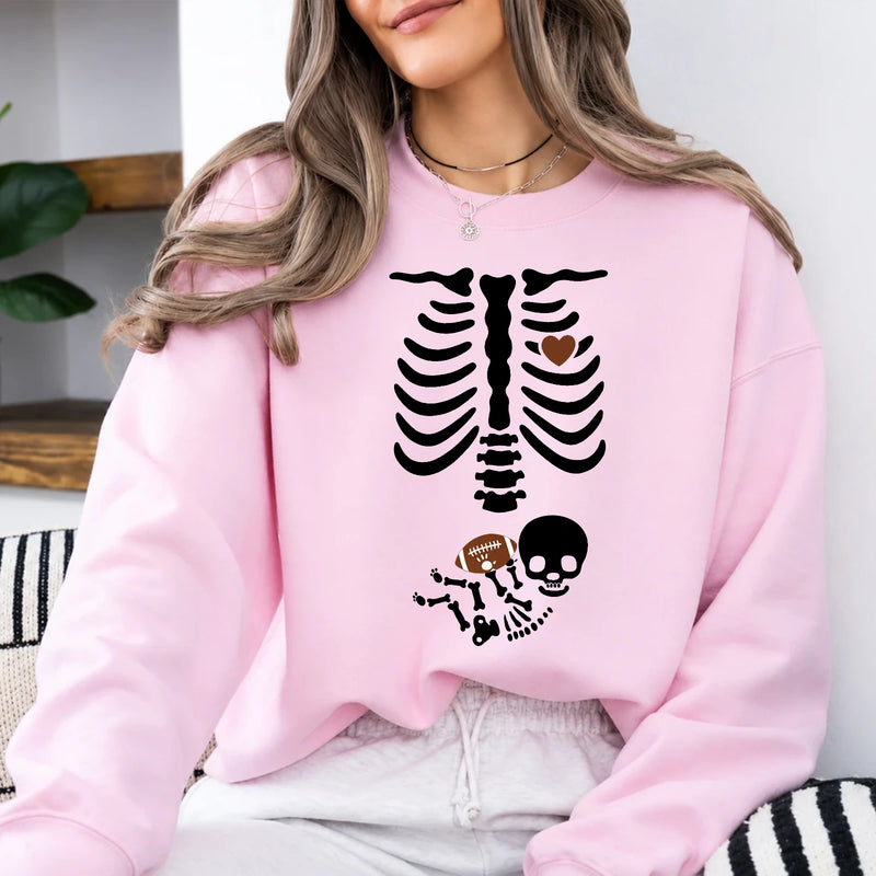 Football Pregnancy Announcement Sweatshirt Skeleton Football Baby Design Football Season Women Cute Spooky
