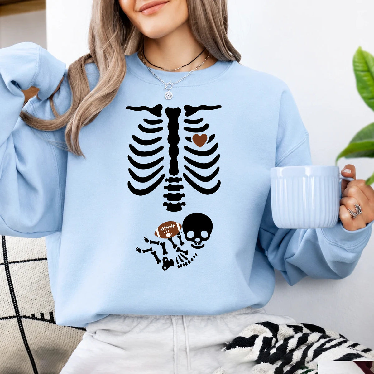 Football Pregnancy Announcement Sweatshirt Skeleton Football Baby Design Football Season Women Cute Spooky