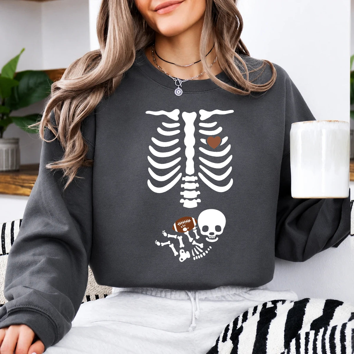 Football Pregnancy Announcement Sweatshirt Skeleton Football Baby Design Football Season Women Cute Spooky