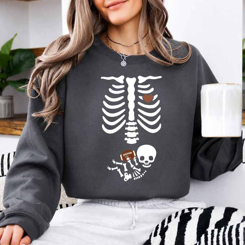 Football Pregnancy Announcement Sweatshirt Skeleton Football Baby Design Football Season Women Cute Spooky