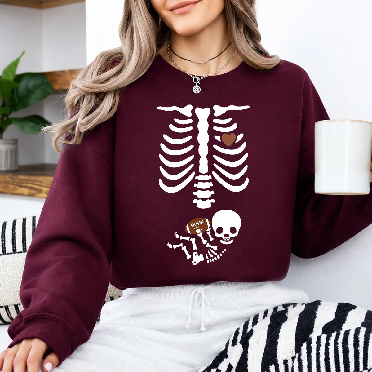 Football Pregnancy Announcement Sweatshirt Skeleton Football Baby Design Football Season Women Cute Spooky