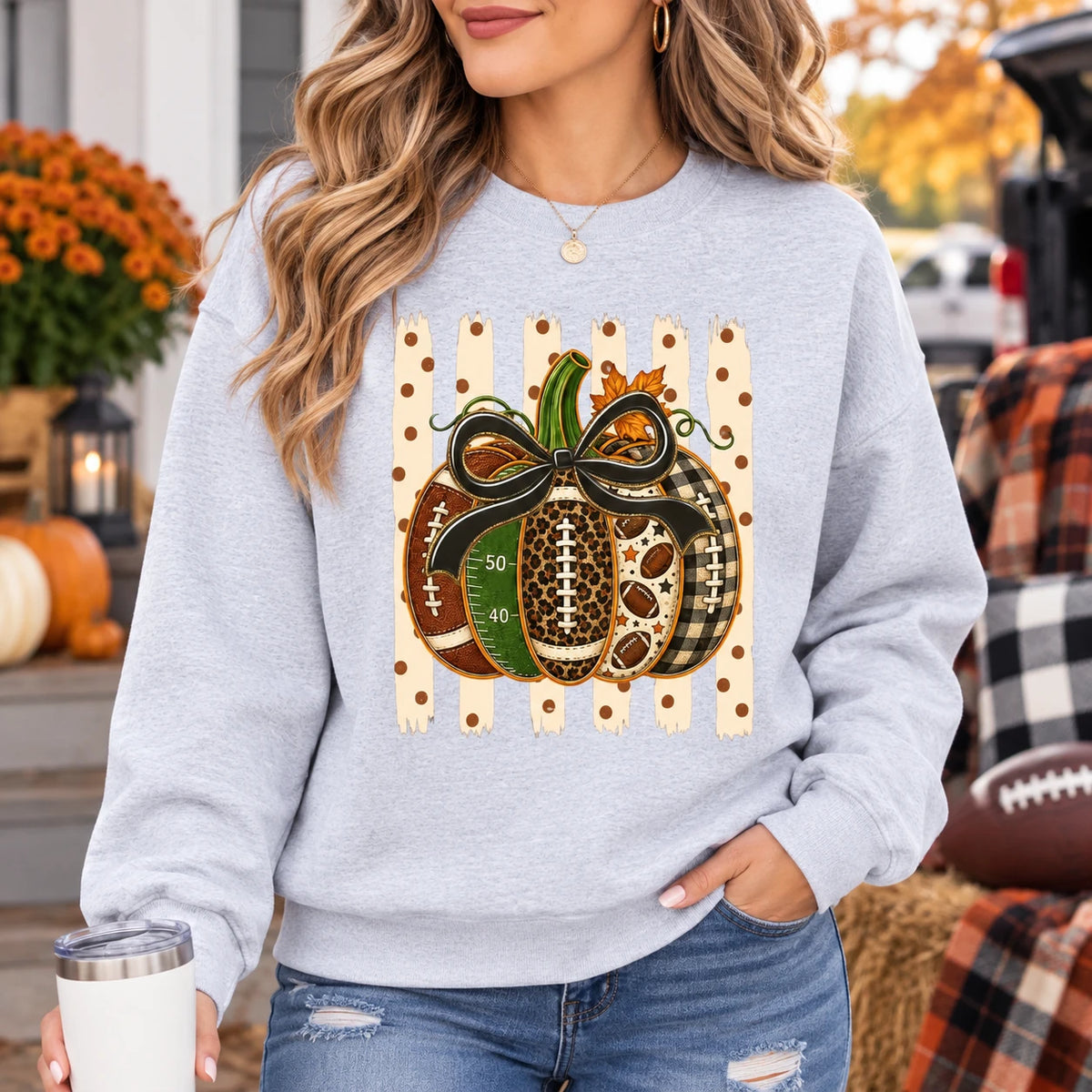 Football Pumpkin Sweatshirt for Women Fall Game Day Leopard Bow Crewneck