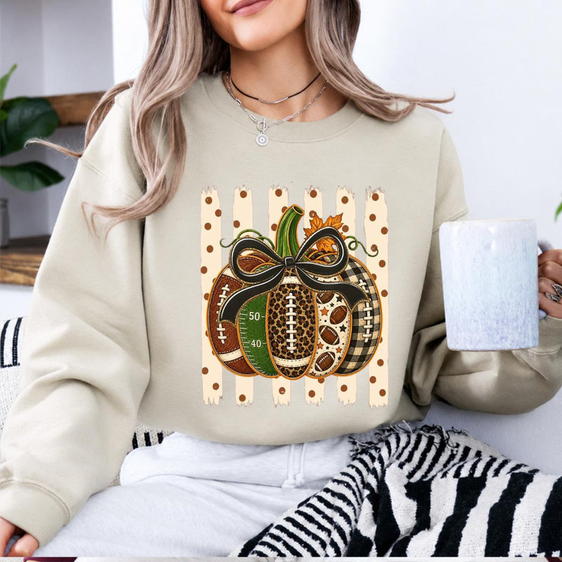 Football Pumpkin Sweatshirt Leopard Bow Pumpkin Fall Game Day Women Cute Coquette Sports Style