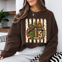 Football Pumpkin Sweatshirt Leopard Bow Pumpkin Fall Game Day Women Cute Coquette Sports Style