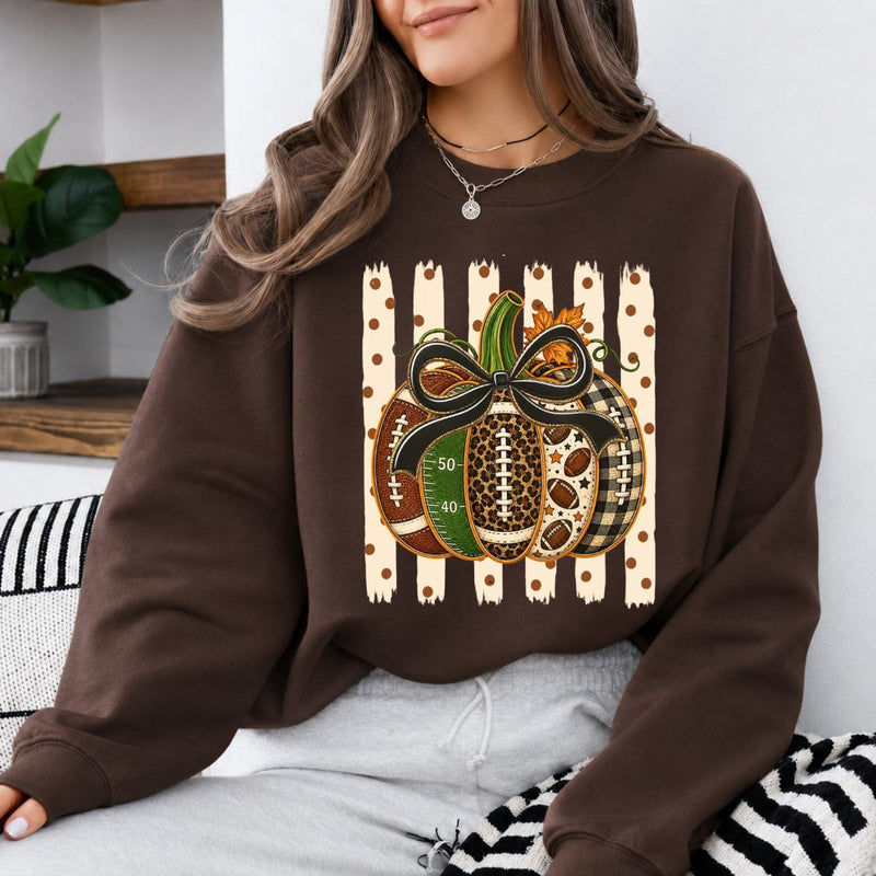 Football Pumpkin Sweatshirt Leopard Bow Pumpkin Fall Game Day Women Cute Coquette Sports Style
