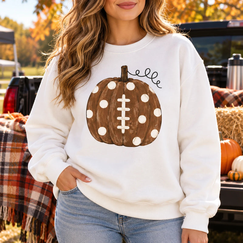 Football Pumpkin Sweatshirt, Polka Dot Fall Game Day for Women, Cute Autumn Sports