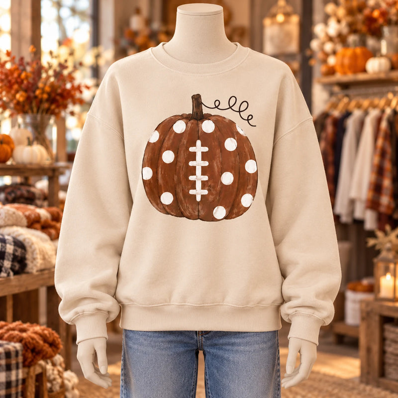 Football Pumpkin Sweatshirt, Polka Dot Fall Game Day for Women, Cute Autumn Sports