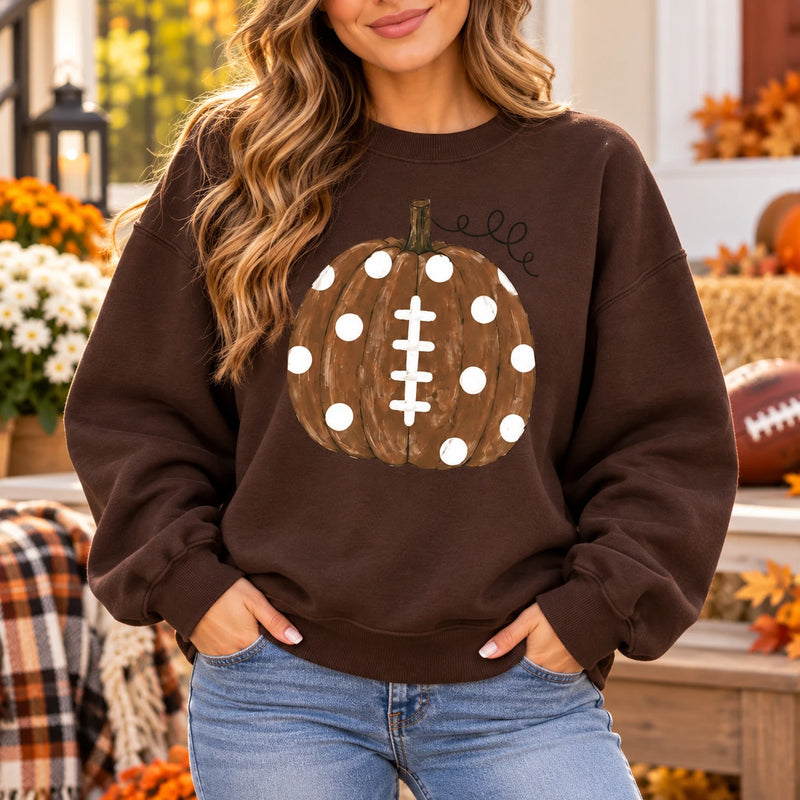 Football Pumpkin Sweatshirt, Polka Dot Fall Game Day for Women, Cute Autumn Sports