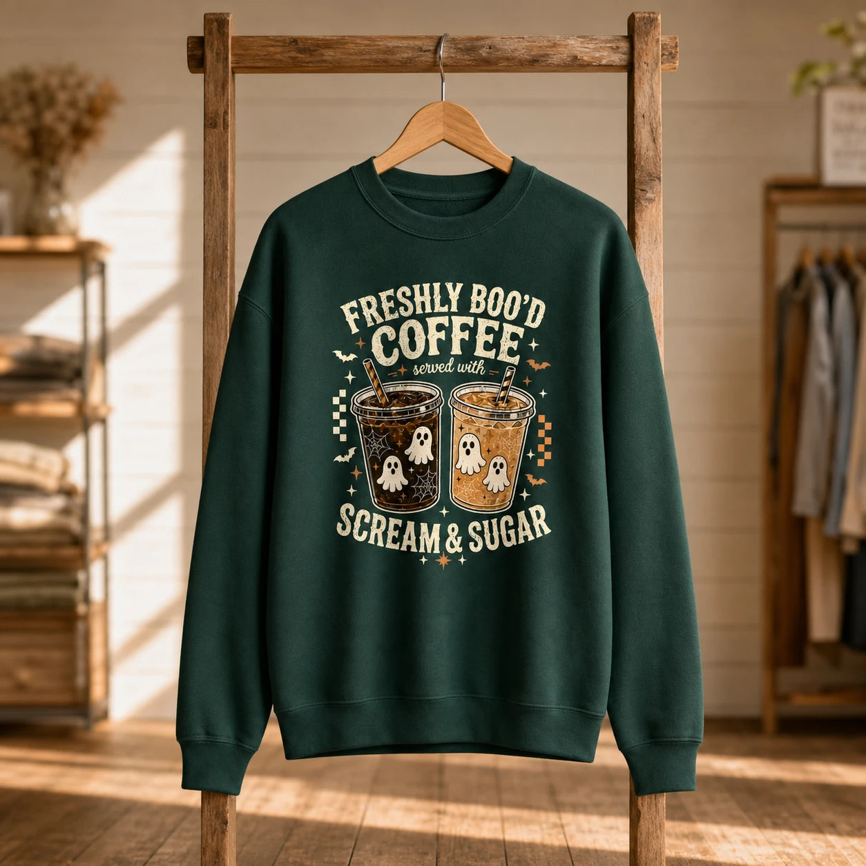 Freshly Boo'd Coffee Halloween Coffee Lover Sweatshirt Cute Ghost Iced Coffee Fall Graphic