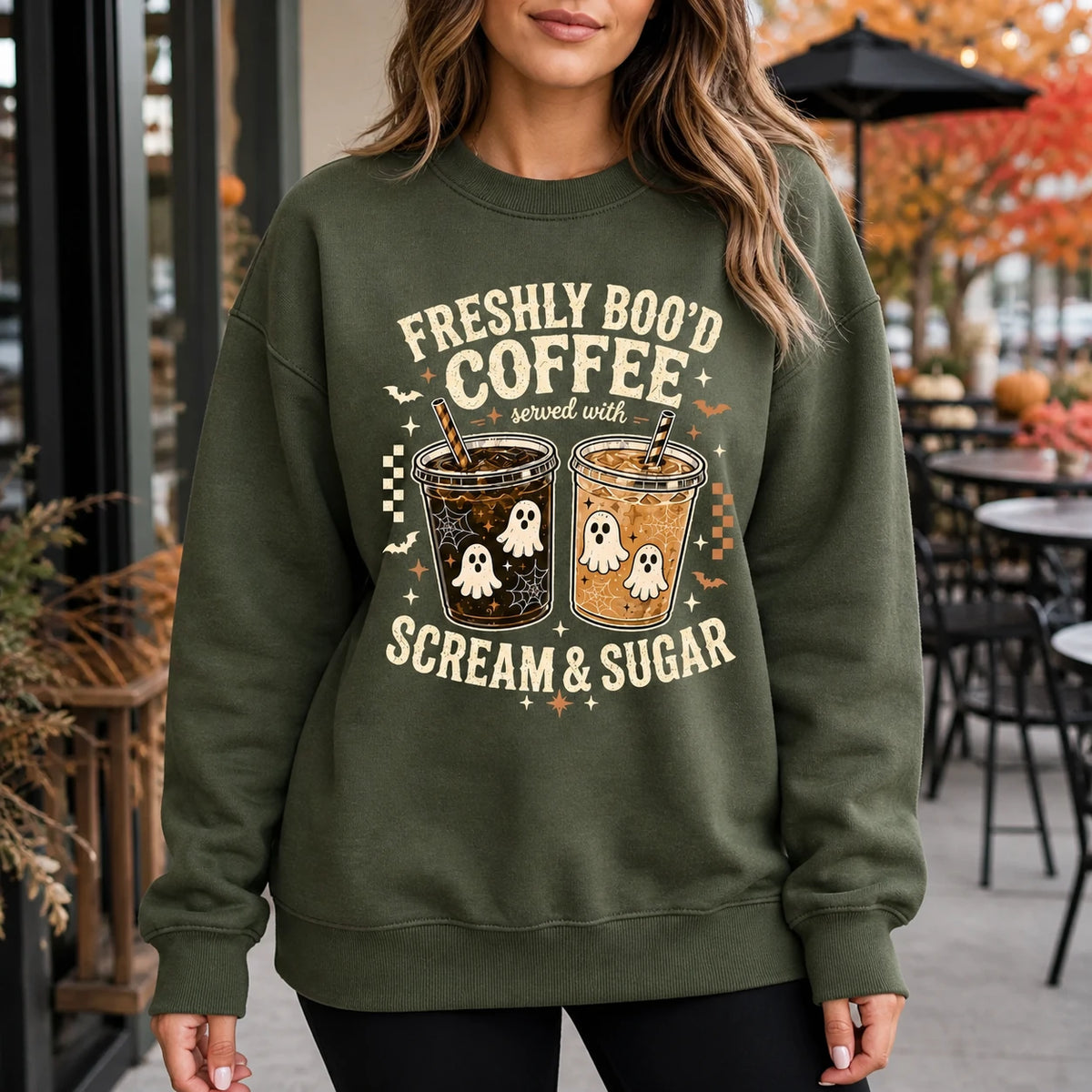 Freshly Boo'd Coffee Halloween Coffee Lover Sweatshirt Cute Ghost Iced Coffee Fall Graphic