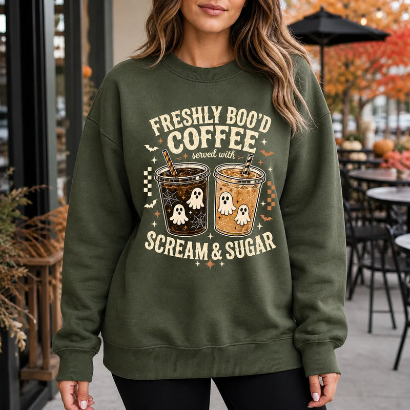 Freshly Boo'd Coffee Halloween Coffee Lover Sweatshirt Cute Ghost Iced Coffee Fall Graphic