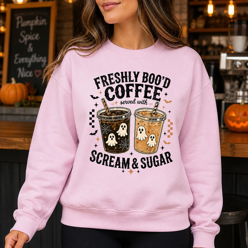 Freshly Boo'd Coffee Halloween Coffee Lover Sweatshirt Cute Ghost Iced Coffee Fall Graphic