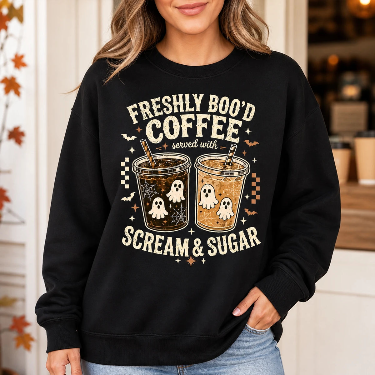 Freshly Boo'd Coffee Halloween Coffee Lover Sweatshirt Cute Ghost Iced Coffee Fall Graphic