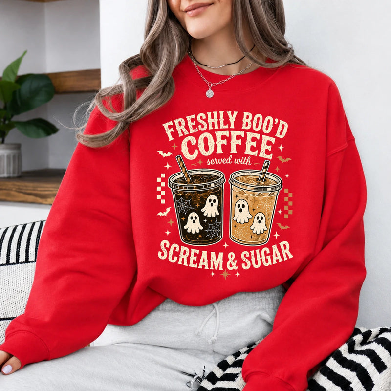 Freshly Boo'd Coffee Halloween Coffee Lover Sweatshirt Cute Ghost Iced Coffee Fall Graphic