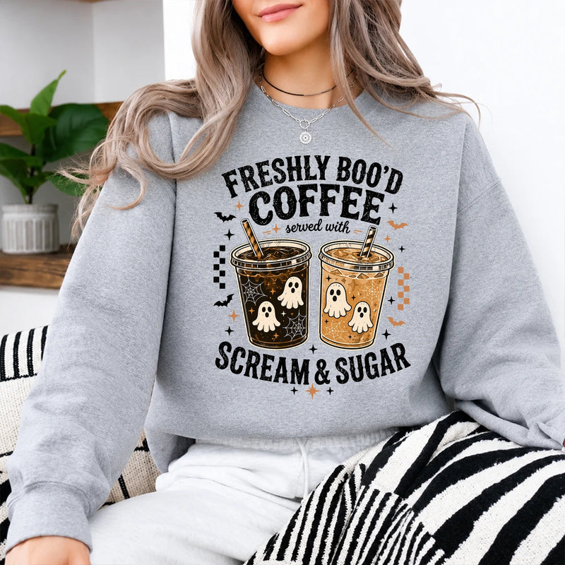 Freshly Boo'd Coffee Halloween Coffee Lover Sweatshirt Cute Ghost Iced Coffee Fall Graphic