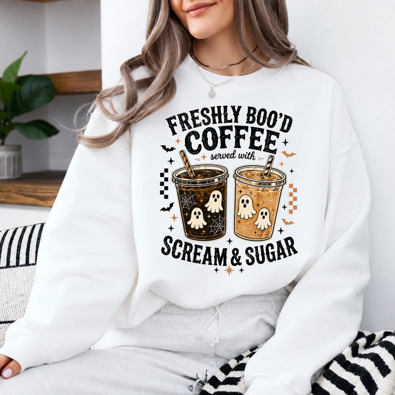 Freshly Boo'd Coffee Halloween Coffee Lover Sweatshirt Cute Ghost Iced Coffee Fall Graphic