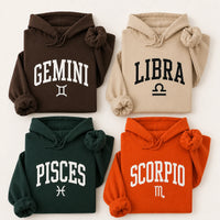 [FULL 12 ZODIAC] Zodiac Sign Hoodie, Astrology Star Sign Name & Glyph, Horoscope Birthday Gift, Unisex, Vintage Varsity Collegiate Style
