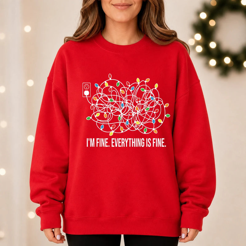 Funny Christmas Anxiety Sweatshirt I'm Fine Everything Is Fine Tangled Lights Holiday Stress Humor for Women