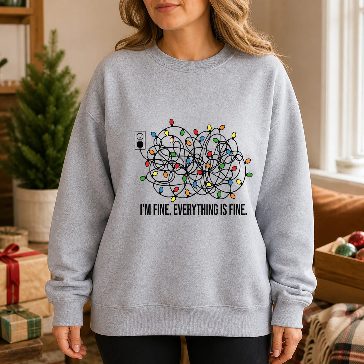 Funny Christmas Anxiety Sweatshirt I'm Fine Everything Is Fine Tangled Lights Holiday Stress Humor for Women
