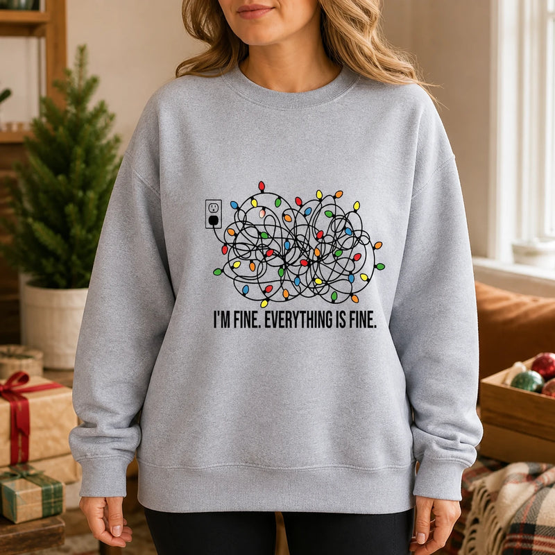 Funny Christmas Anxiety Sweatshirt I'm Fine Everything Is Fine Tangled Lights Holiday Stress Humor for Women