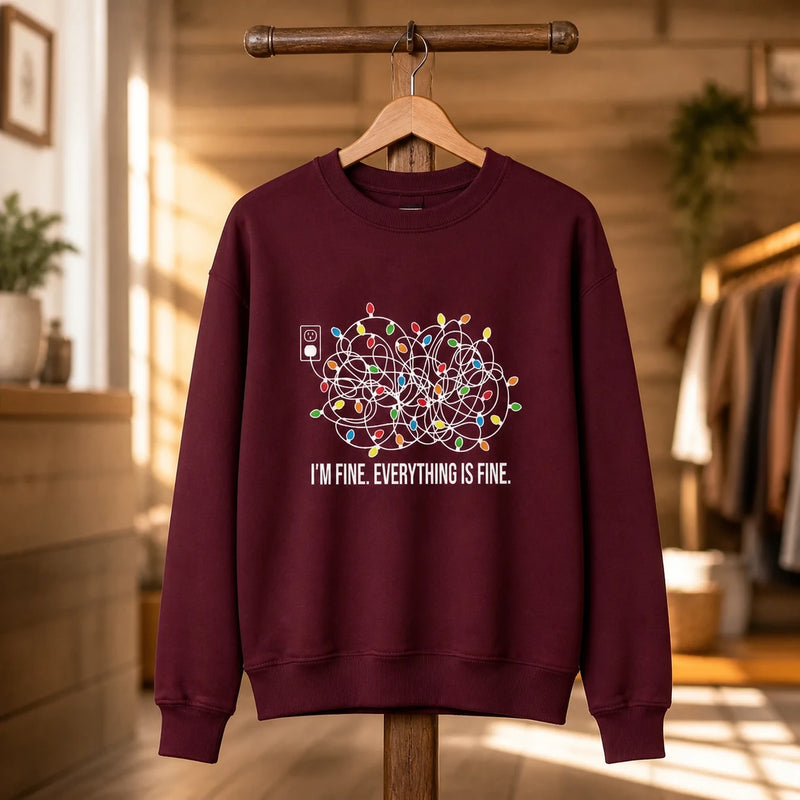 Funny Christmas Anxiety Sweatshirt I'm Fine Everything Is Fine Tangled Lights Holiday Stress Humor for Women