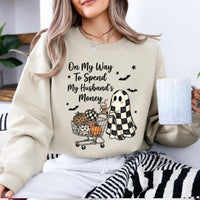 Funny Halloween Sweatshirt On My Way To Spend My Husbands Money Spooky Season Wife Women Retro