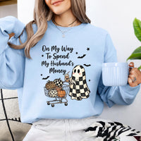 Funny Halloween Sweatshirt On My Way To Spend My Husbands Money Spooky Season Wife Women Retro