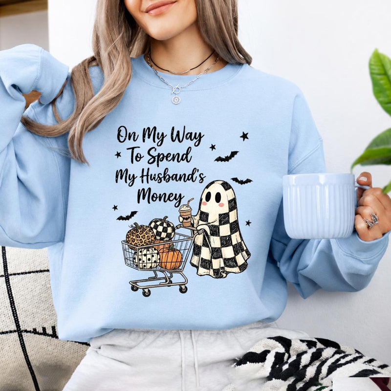 Funny Halloween Sweatshirt On My Way To Spend My Husbands Money Spooky Season Wife Women Retro