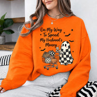 Funny Halloween Sweatshirt On My Way To Spend My Husbands Money Spooky Season Wife Women Retro