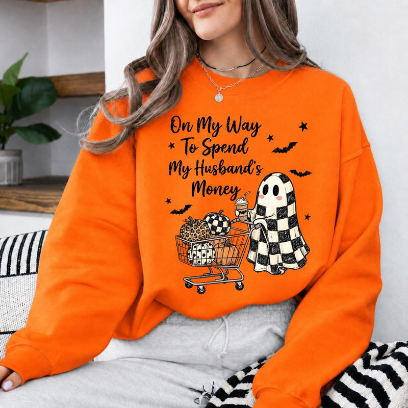 Funny Halloween Sweatshirt On My Way To Spend My Husbands Money Spooky Season Wife Women Retro