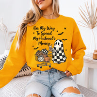 Funny Halloween Sweatshirt On My Way To Spend My Husbands Money Spooky Season Wife Women Retro