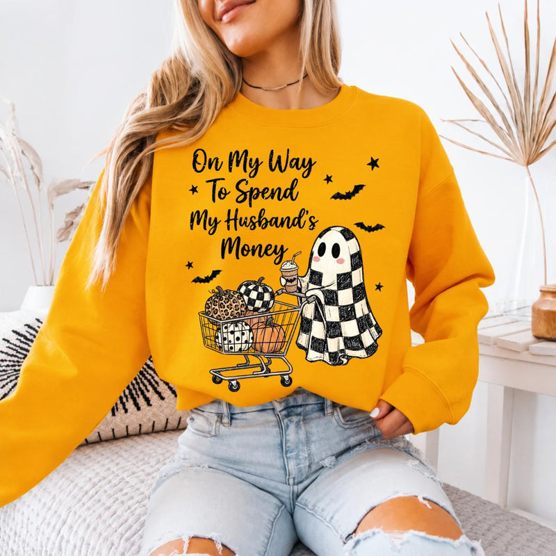 Funny Halloween Sweatshirt On My Way To Spend My Husbands Money Spooky Season Wife Women Retro