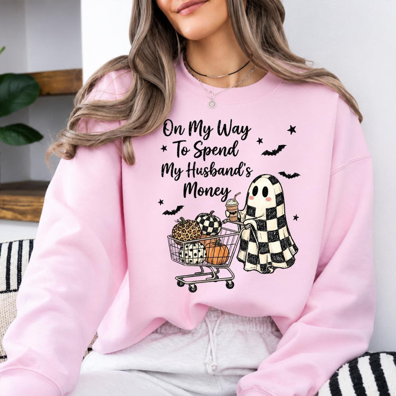 Funny Halloween Sweatshirt On My Way To Spend My Husbands Money Spooky Season Wife Women Retro